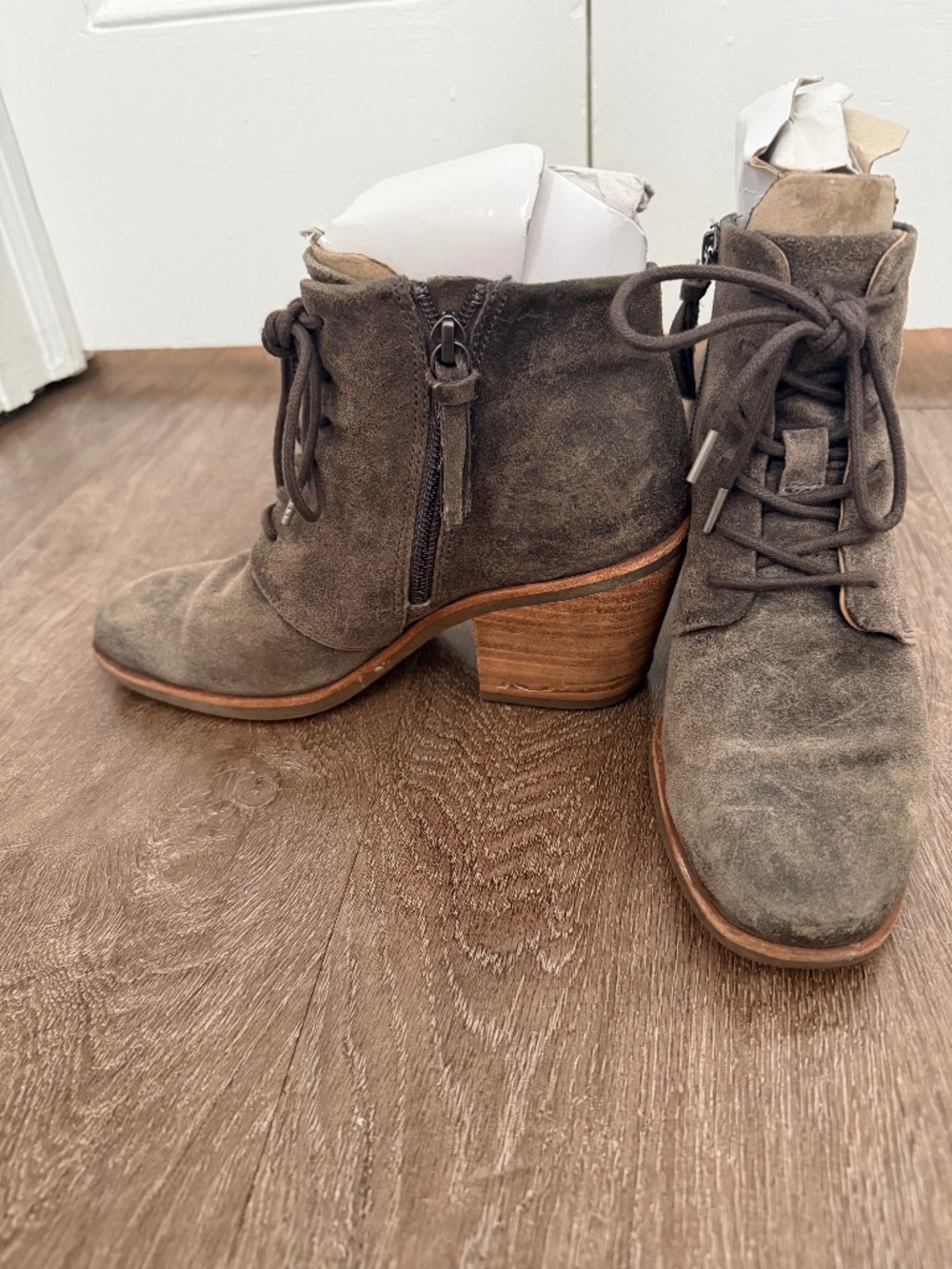Sofft, Suede, Zippered/Tie-up Heeled Booties, Size 6.5